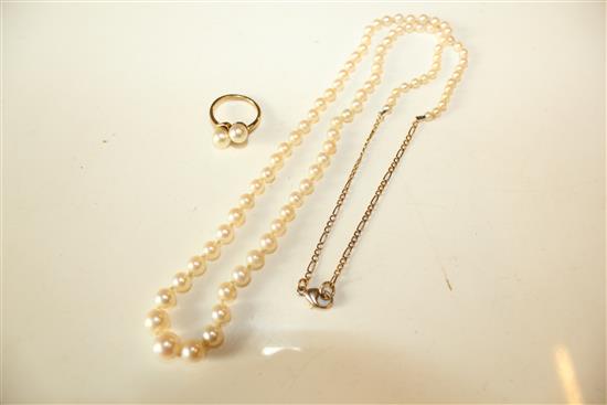 Cultured pearl necklace and cultured pearl crossover ring(-)